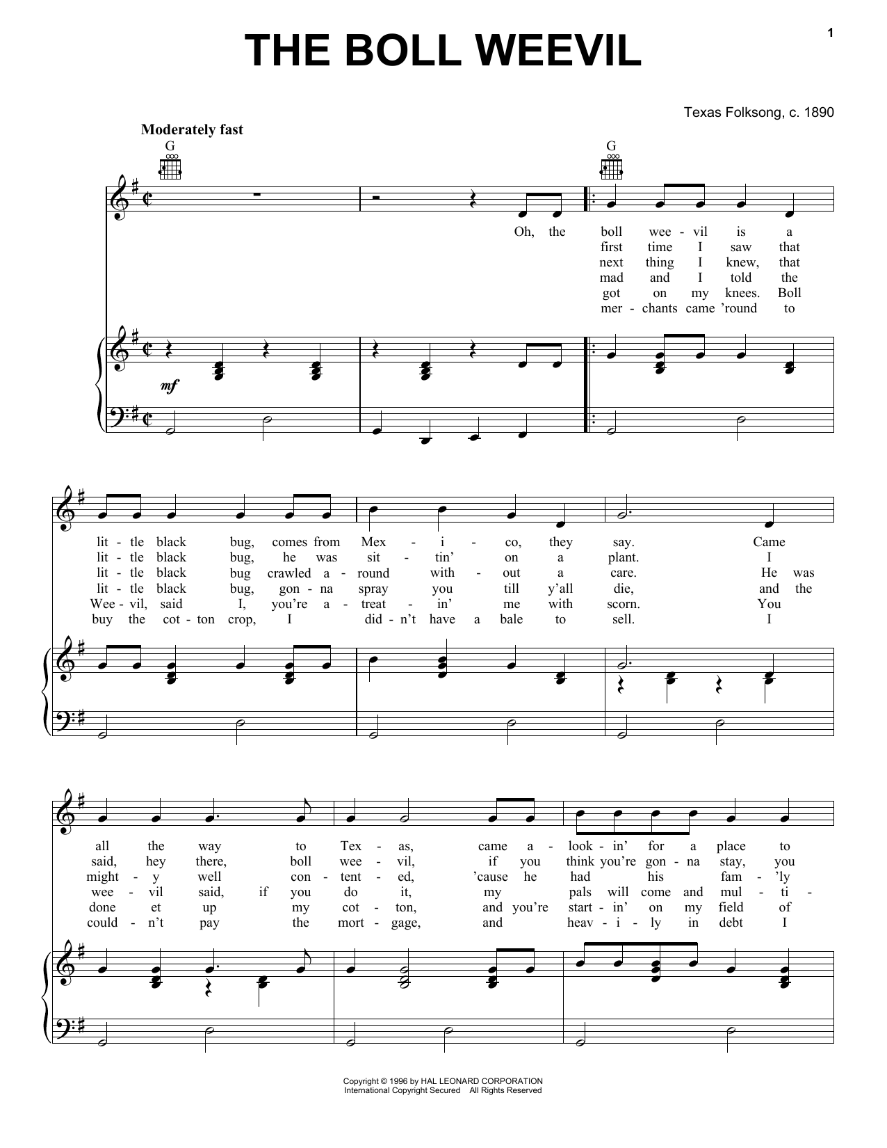 Texas Folksong The Boll Weevil sheet music notes and chords arranged for Piano, Vocal & Guitar Chords (Right-Hand Melody)