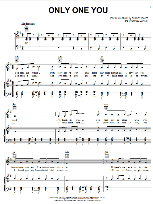 T.G. Sheppard Only One You sheet music notes and chords arranged for Piano, Vocal & Guitar Chords (Right-Hand Melody)
