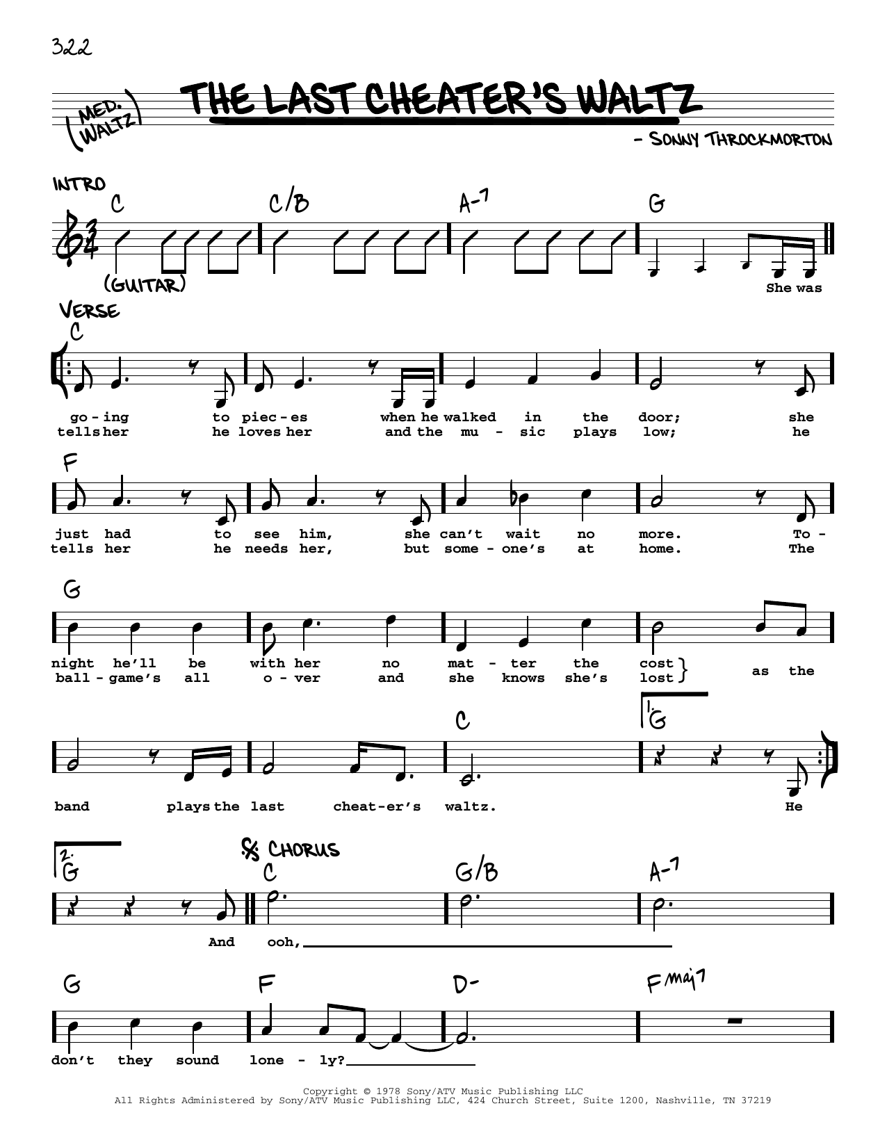 T.G. Sheppard The Last Cheater's Waltz sheet music notes and chords arranged for Real Book – Melody, Lyrics & Chords