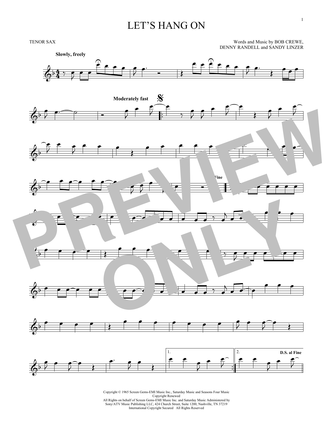 The 4 Seasons Let's Hang On sheet music notes and chords arranged for Tenor Sax Solo