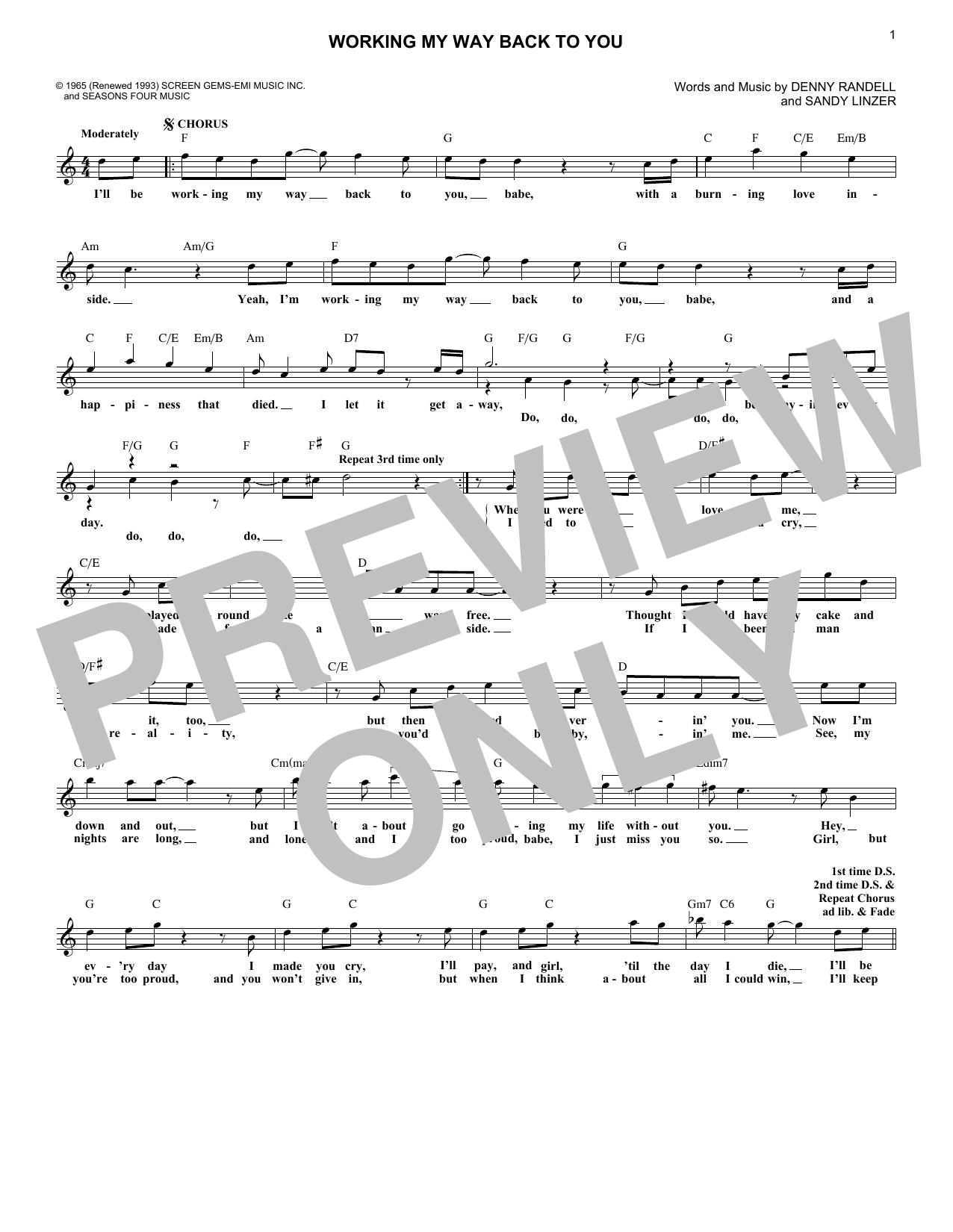 The 4 Seasons Working My Way Back To You sheet music notes and chords arranged for Lead Sheet / Fake Book