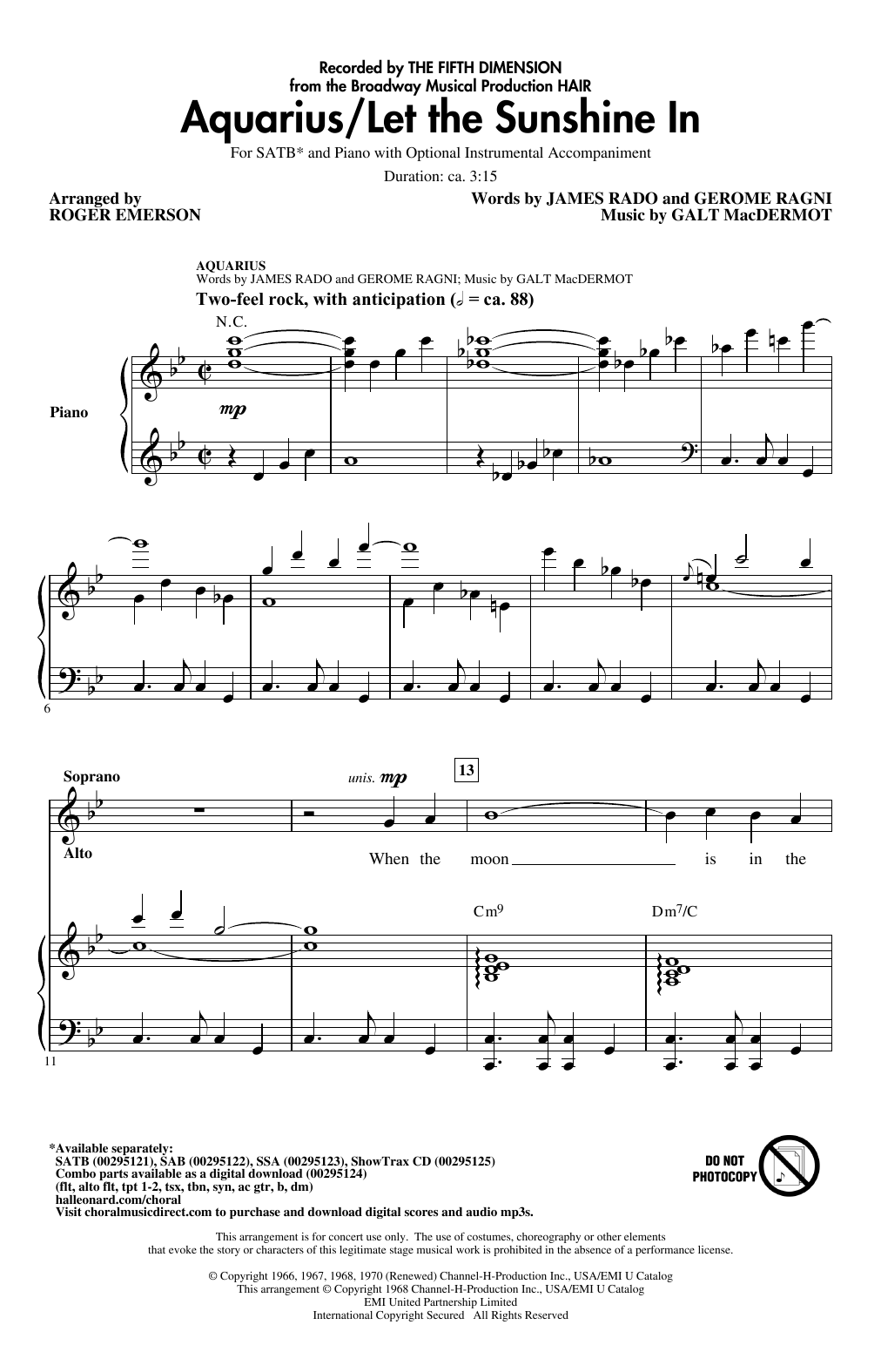 The 5th Dimension Aquarius / Let the Sunshine In (from the musical Hair) (arr. Roger Emerson) sheet music notes and chords arranged for SATB Choir