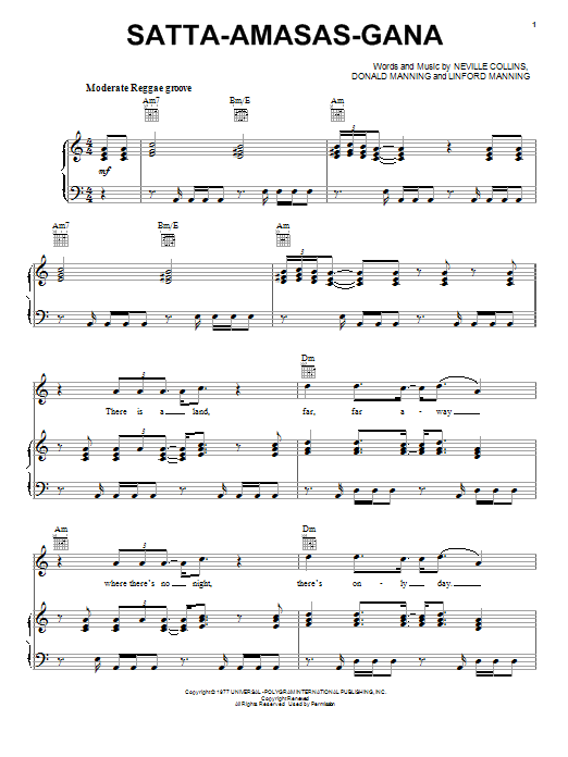 The Abyssinians Satta-Amasas-Gana sheet music notes and chords arranged for Piano, Vocal & Guitar Chords (Right-Hand Melody)