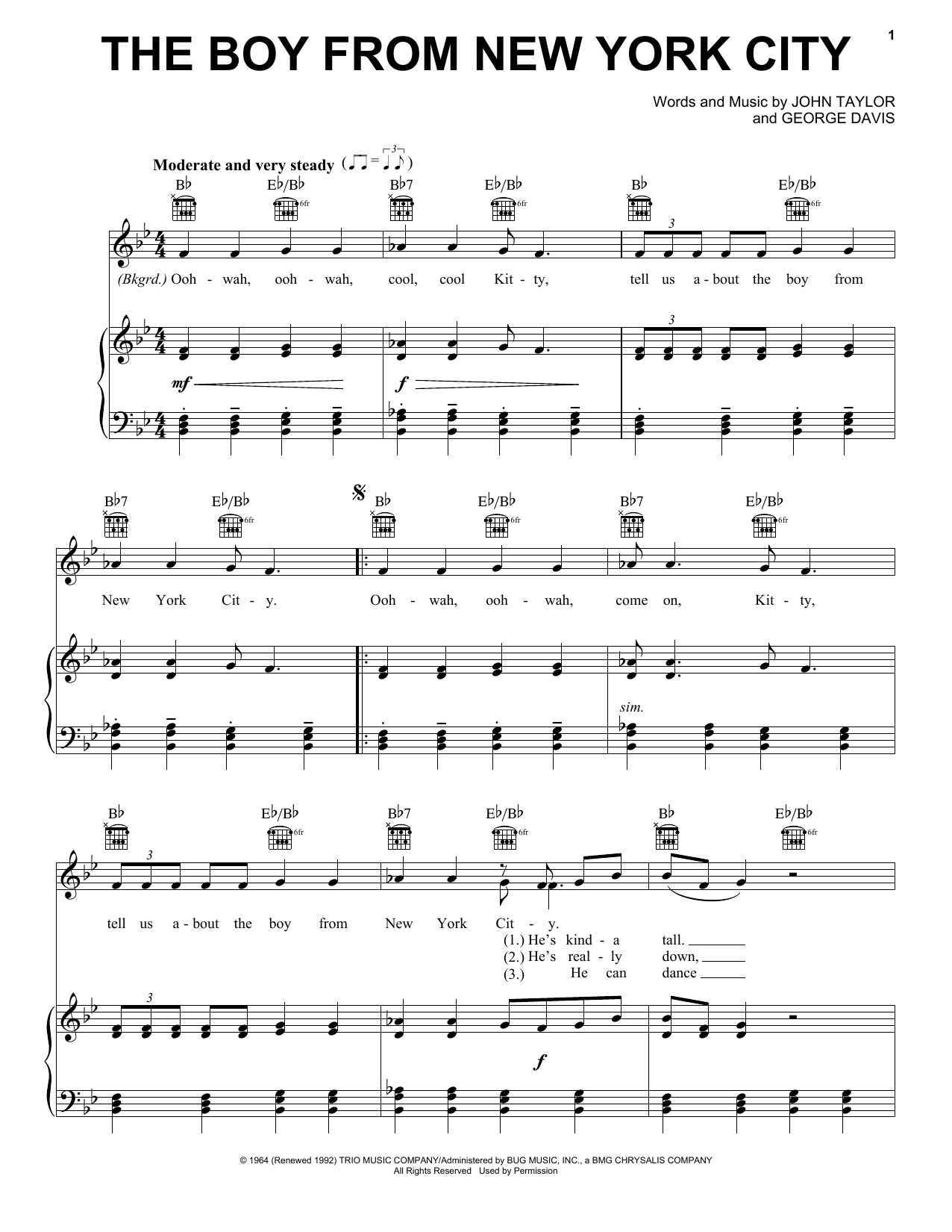 The Ad Libs The Boy From New York City sheet music notes and chords arranged for Piano, Vocal & Guitar Chords (Right-Hand Melody)