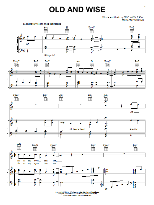Alan Parsons Project Old And Wise sheet music notes and chords arranged for Piano, Vocal & Guitar Chords (Right-Hand Melody)