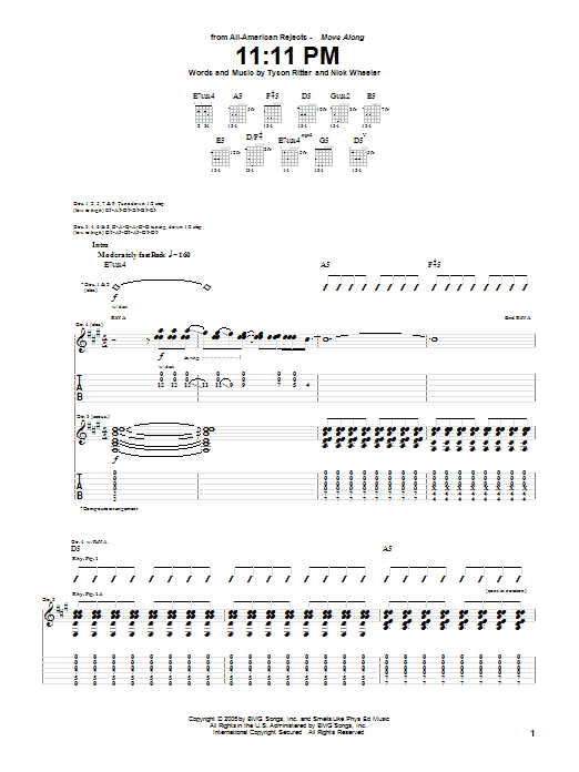 The All-American Rejects 11:11 PM sheet music notes and chords arranged for Guitar Tab