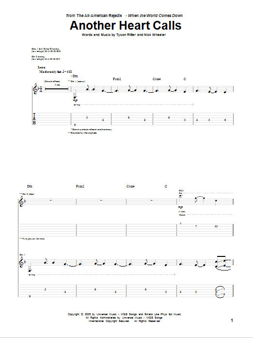 The All-American Rejects Another Heart Calls sheet music notes and chords arranged for Guitar Tab
