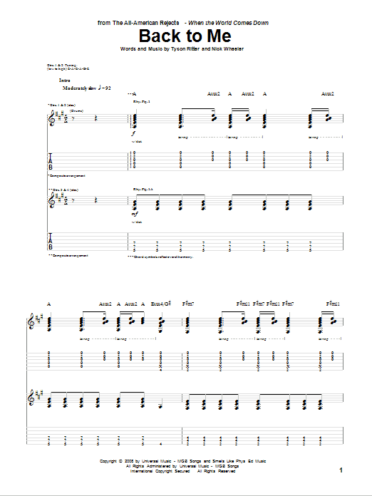 The All-American Rejects Back To Me sheet music notes and chords arranged for Guitar Tab