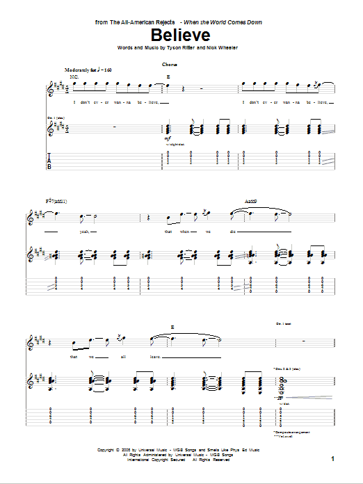 The All-American Rejects Believe sheet music notes and chords arranged for Guitar Tab