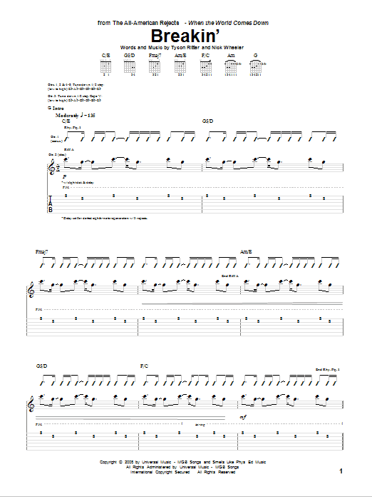 The All-American Rejects Breakin' sheet music notes and chords arranged for Guitar Tab