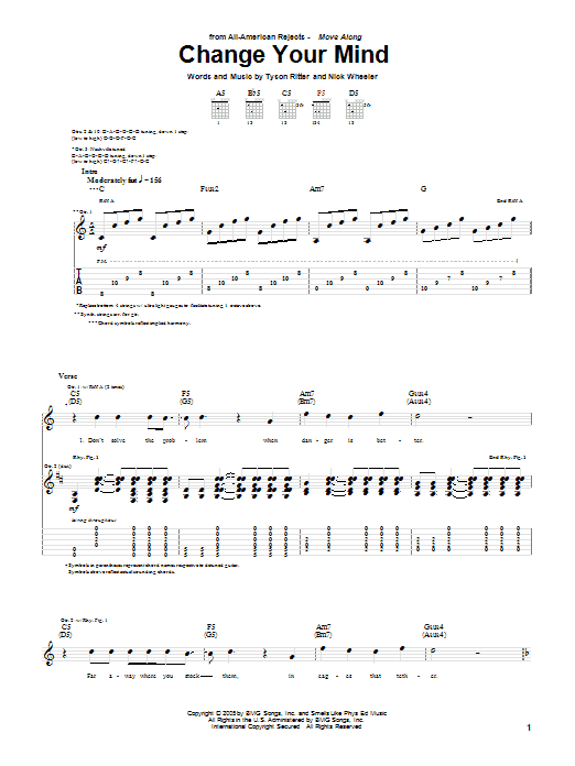 The All-American Rejects Change Your Mind sheet music notes and chords arranged for Guitar Tab