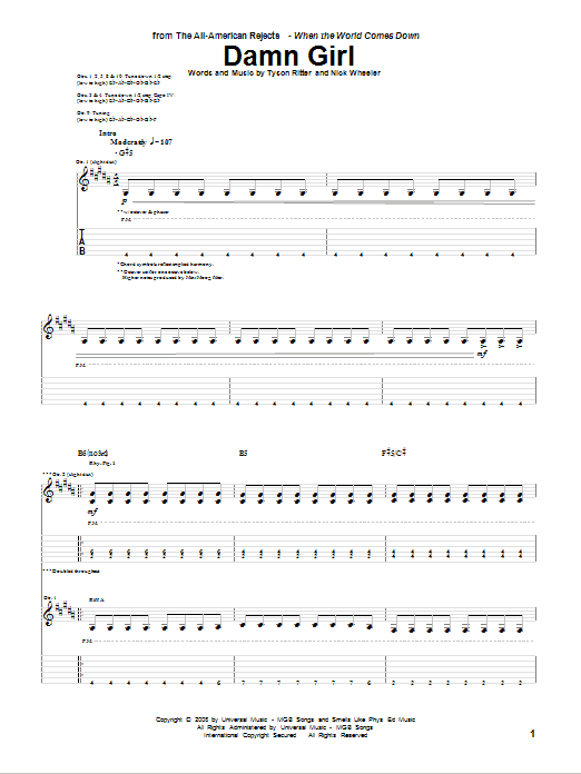 The All-American Rejects Damn Girl sheet music notes and chords arranged for Guitar Tab