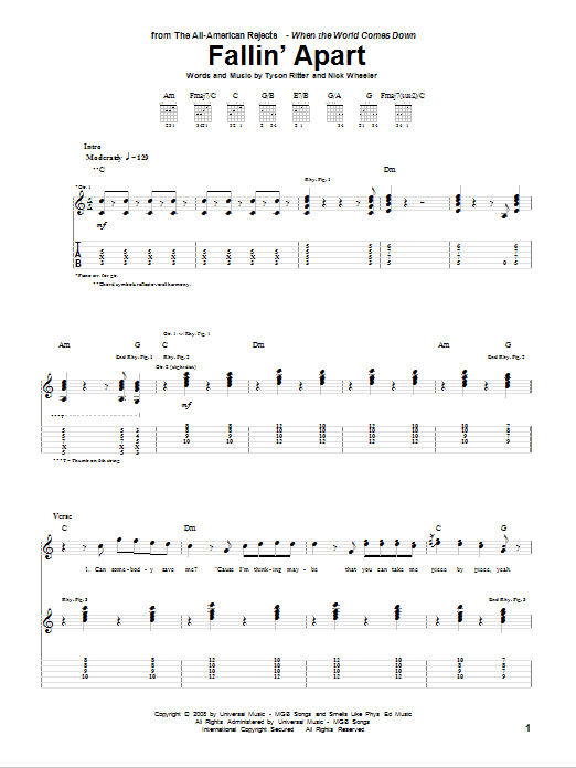 The All-American Rejects Fallin' Apart sheet music notes and chords arranged for Guitar Tab