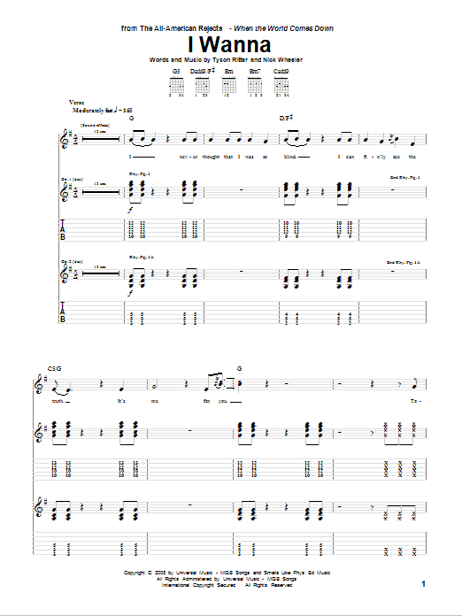 The All-American Rejects I Wanna sheet music notes and chords arranged for Guitar Tab