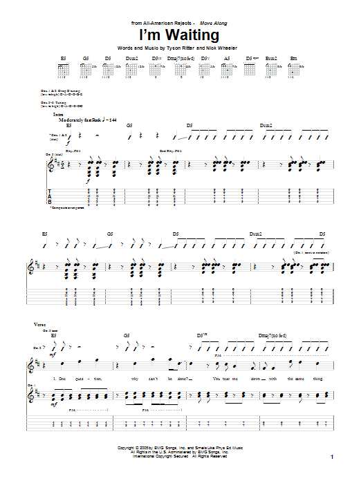 The All-American Rejects I'm Waiting sheet music notes and chords arranged for Guitar Tab