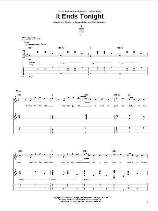 The All-American Rejects It Ends Tonight sheet music notes and chords arranged for Piano, Vocal & Guitar Chords (Right-Hand Melody)