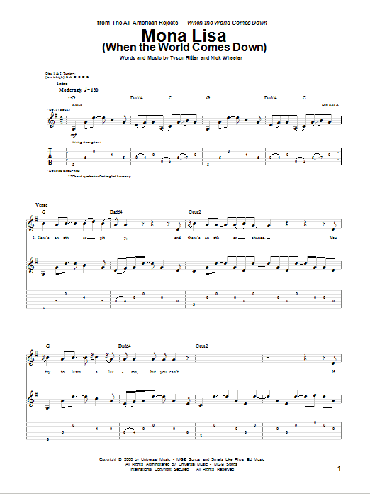 The All-American Rejects Mona Lisa (When The World Comes Down) sheet music notes and chords arranged for Guitar Tab