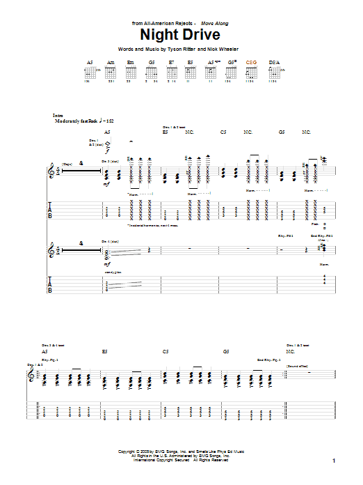 The All-American Rejects Night Drive sheet music notes and chords arranged for Guitar Tab
