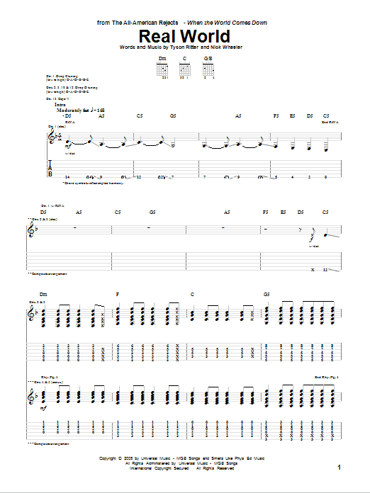 The All-American Rejects Real World sheet music notes and chords arranged for Guitar Tab