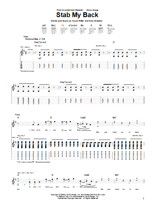 The All-American Rejects Stab My Back sheet music notes and chords arranged for Guitar Tab