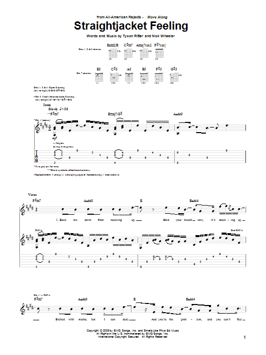 The All-American Rejects Straightjacket Feeling sheet music notes and chords arranged for Guitar Tab