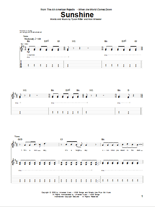 The All-American Rejects Sunshine sheet music notes and chords arranged for Guitar Tab