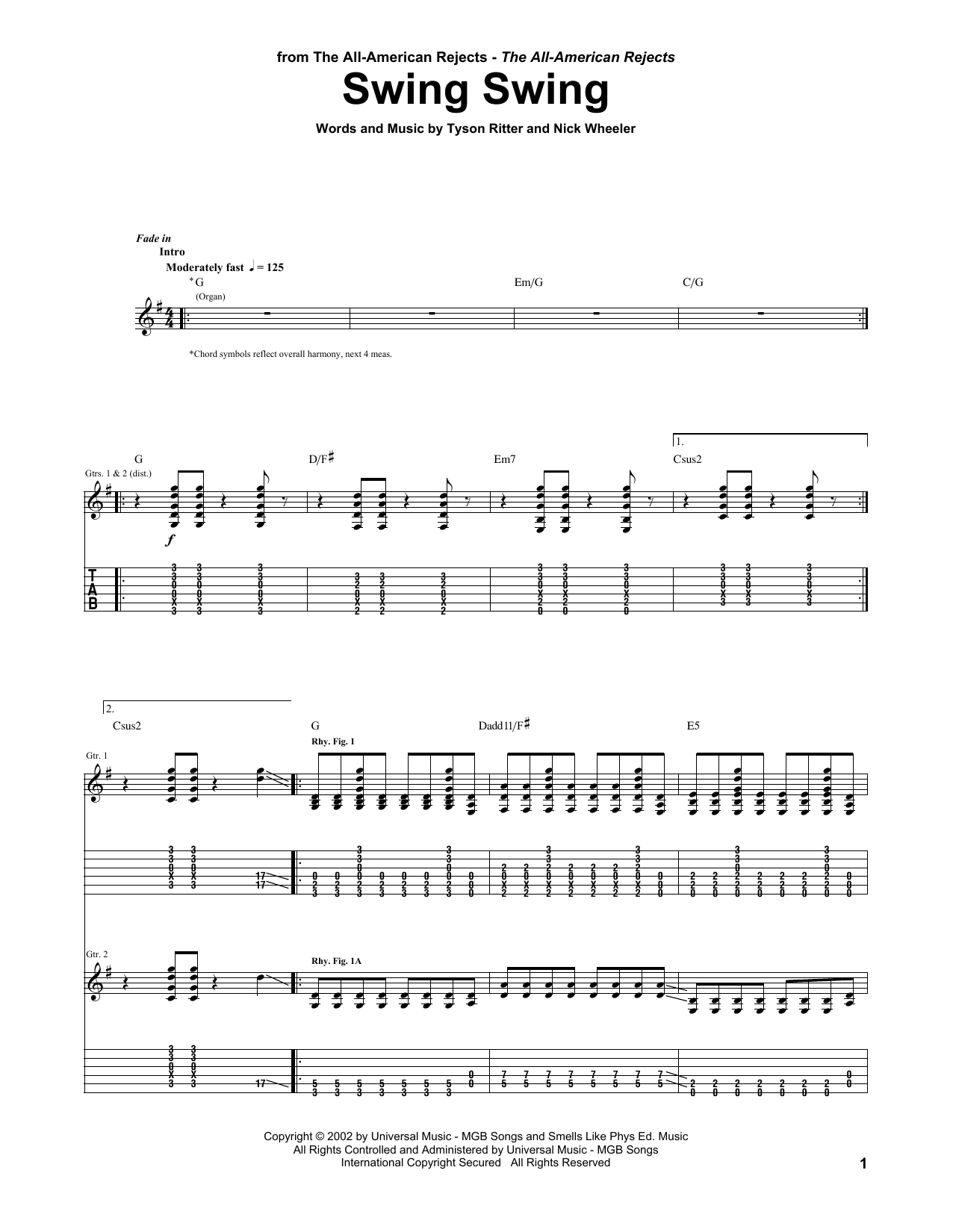 The All-American Rejects Swing Swing sheet music notes and chords arranged for Guitar Tab