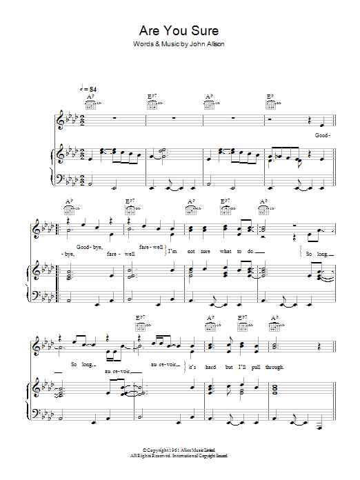 The Allisons Are You Sure sheet music notes and chords arranged for Piano, Vocal & Guitar Chords