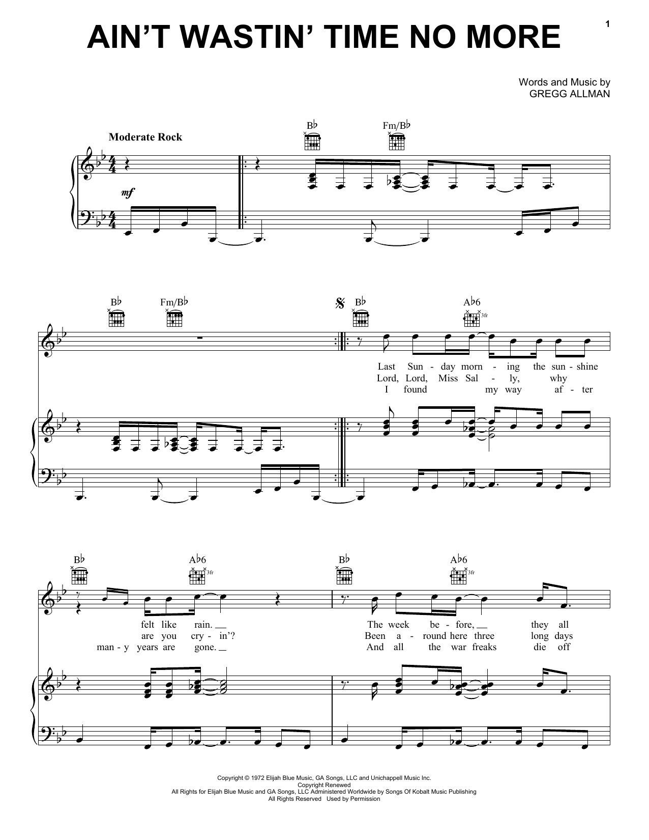 The Allman Brothers Band Ain't Wastin' Time No More sheet music notes and chords arranged for Piano, Vocal & Guitar Chords (Right-Hand Melody)
