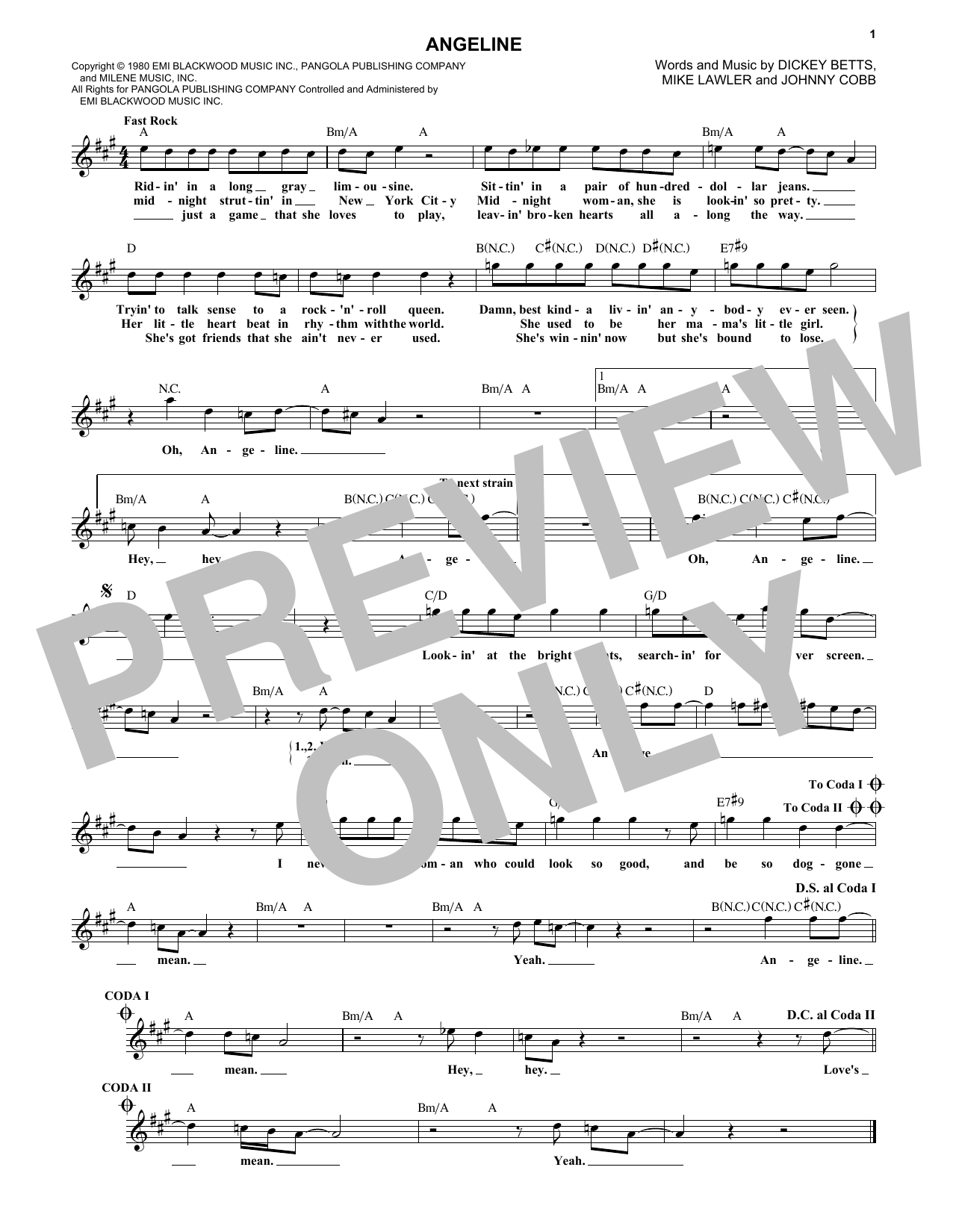 The Allman Brothers Band Angeline sheet music notes and chords arranged for Lead Sheet / Fake Book