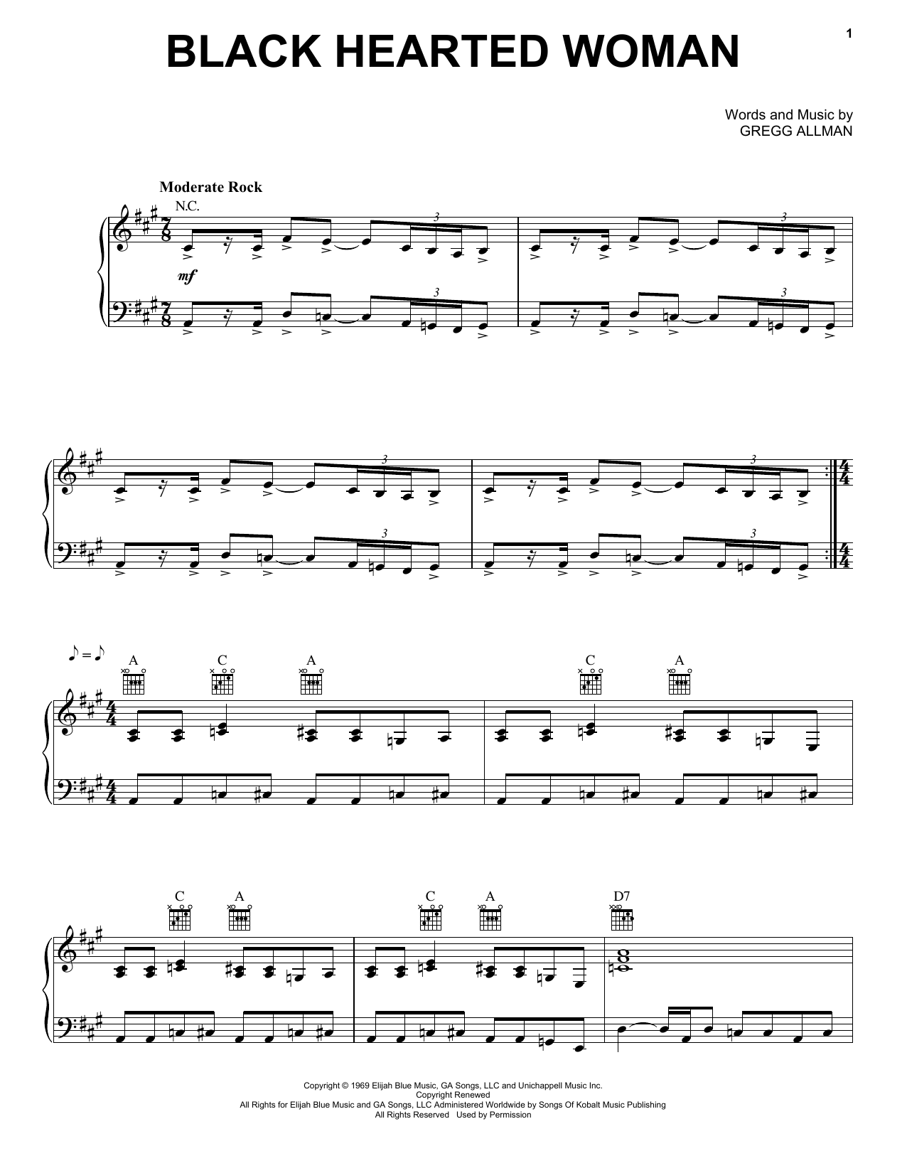 The Allman Brothers Band Black Hearted Woman sheet music notes and chords arranged for Piano, Vocal & Guitar Chords (Right-Hand Melody)