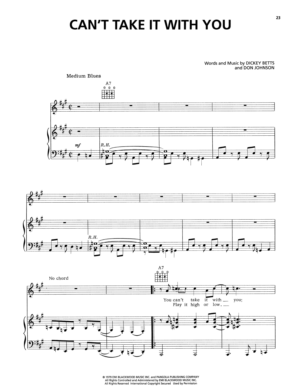 The Allman Brothers Band Can't Take It With You sheet music notes and chords arranged for Piano, Vocal & Guitar Chords (Right-Hand Melody)