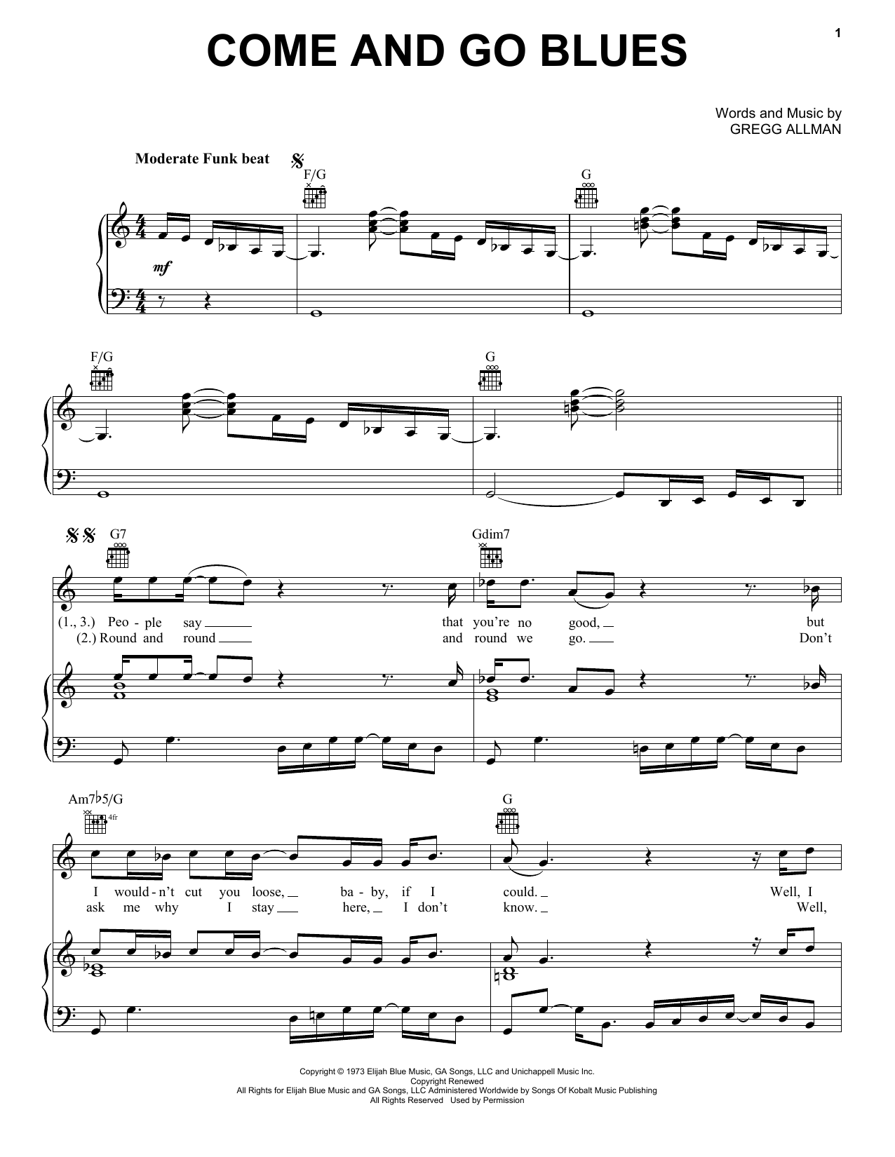 The Allman Brothers Band Come And Go Blues sheet music notes and chords arranged for Piano, Vocal & Guitar Chords (Right-Hand Melody)