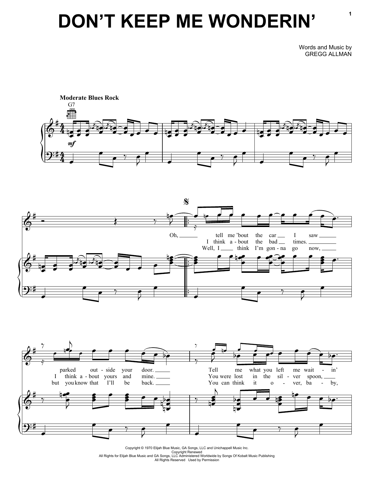 The Allman Brothers Band Don't Keep Me Wonderin' sheet music notes and chords arranged for Piano, Vocal & Guitar Chords (Right-Hand Melody)