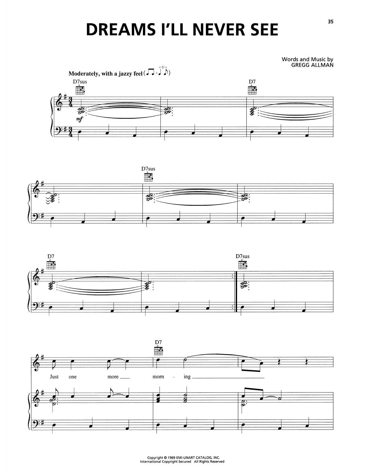 The Allman Brothers Band Dreams I'll Never See sheet music notes and chords arranged for Piano, Vocal & Guitar Chords (Right-Hand Melody)