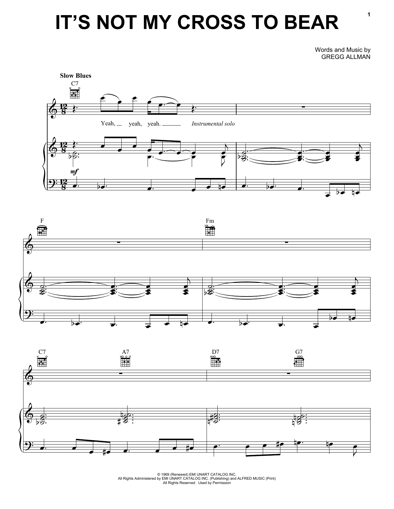 The Allman Brothers Band It's Not My Cross To Bear sheet music notes and chords arranged for Piano, Vocal & Guitar Chords (Right-Hand Melody)