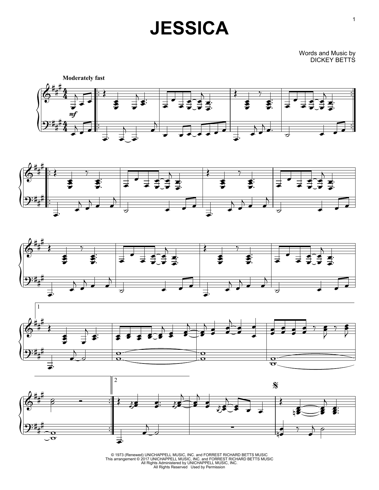 The Allman Brothers Band Jessica sheet music notes and chords arranged for Piano Solo