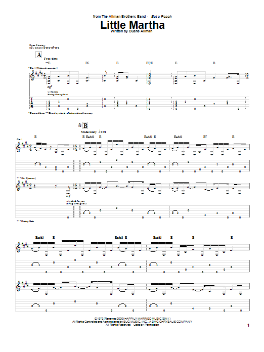 Allman Brothers Band Little Martha sheet music notes and chords arranged for Guitar Tab