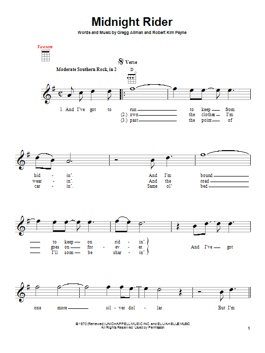 The Allman Brothers Band Midnight Rider sheet music notes and chords arranged for Real Book – Melody, Lyrics & Chords