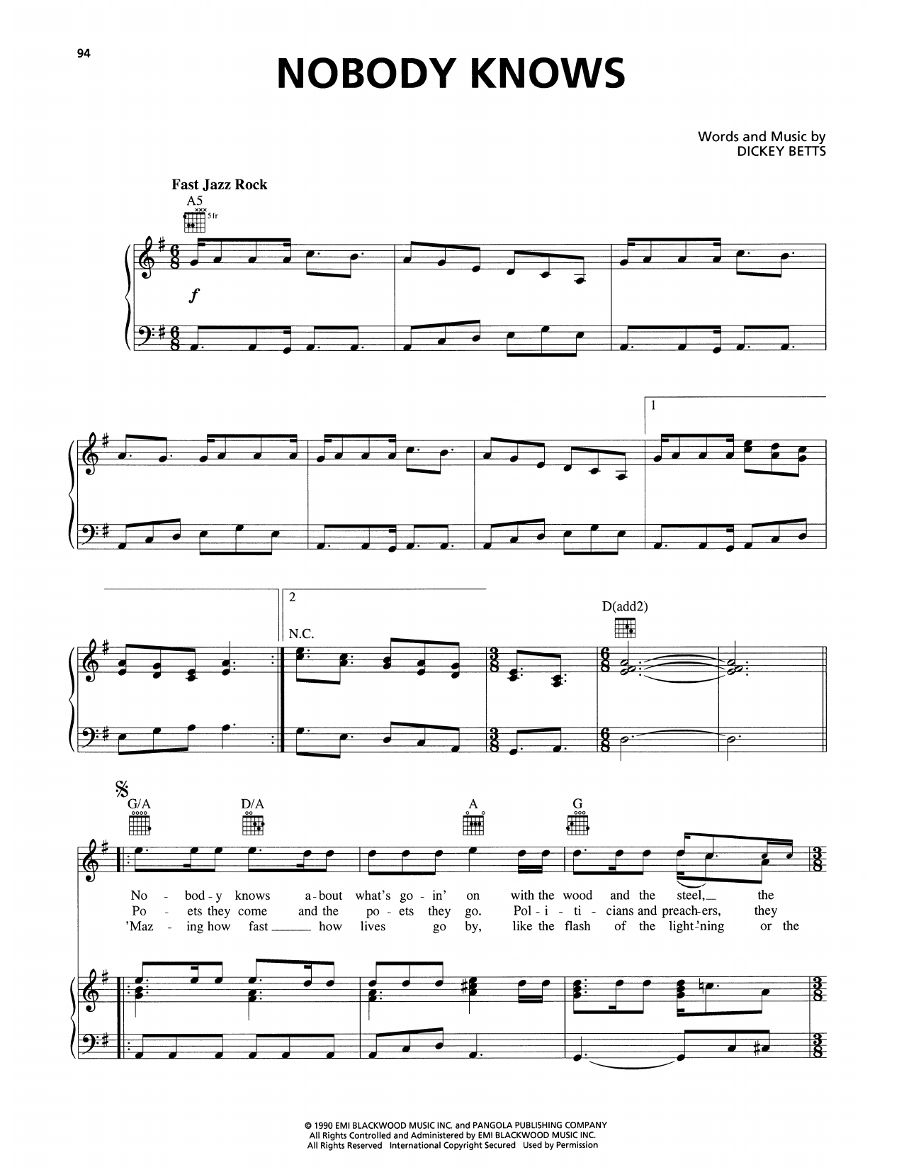 The Allman Brothers Band Nobody Knows sheet music notes and chords arranged for Piano, Vocal & Guitar Chords (Right-Hand Melody)
