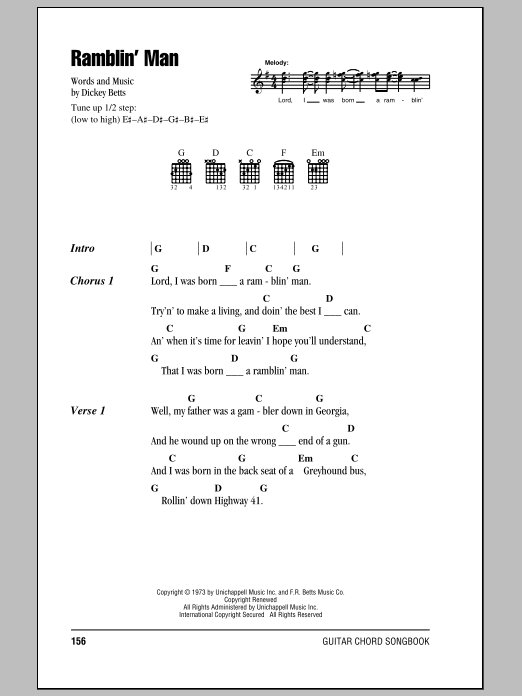 The Allman Brothers Band Ramblin' Man sheet music notes and chords arranged for Really Easy Guitar