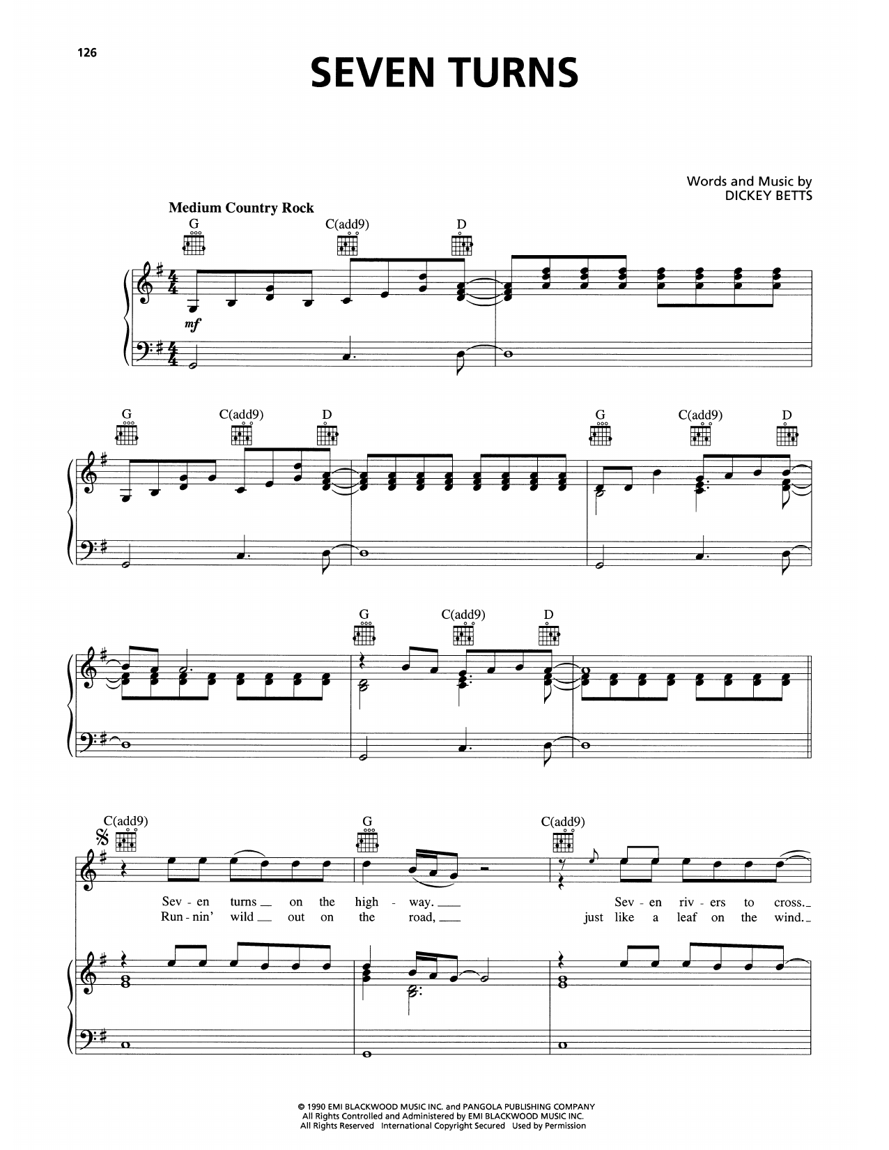 The Allman Brothers Band Seven Turns sheet music notes and chords arranged for Piano, Vocal & Guitar Chords (Right-Hand Melody)