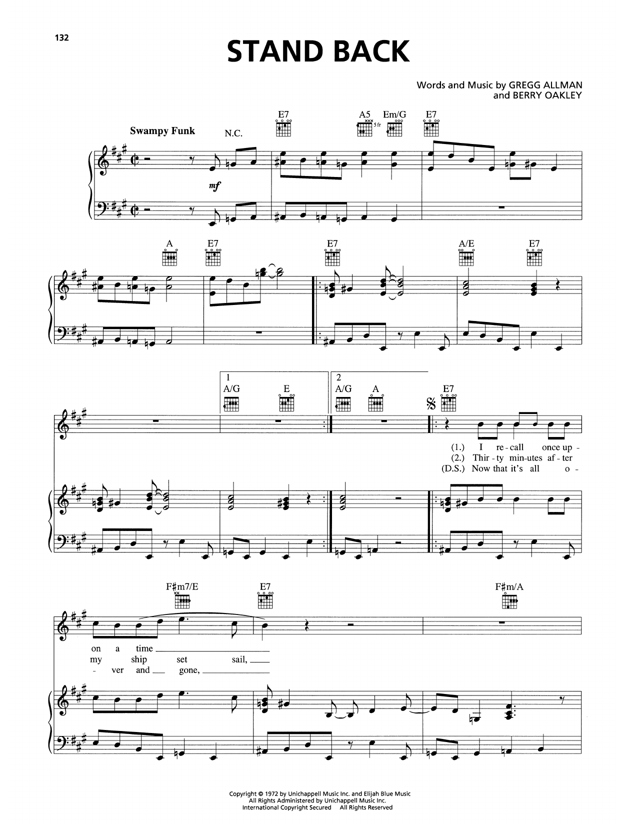 The Allman Brothers Band Stand Back sheet music notes and chords arranged for Piano, Vocal & Guitar Chords (Right-Hand Melody)