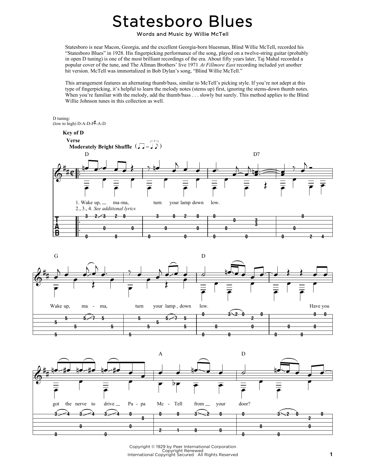 The Allman Brothers Band Statesboro Blues sheet music notes and chords arranged for Real Book – Melody, Lyrics & Chords