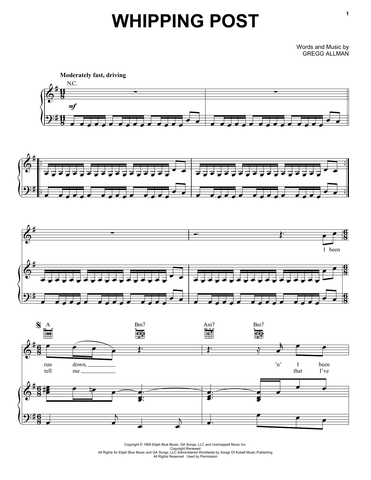 The Allman Brothers Band Whipping Post sheet music notes and chords arranged for Piano, Vocal & Guitar Chords (Right-Hand Melody)