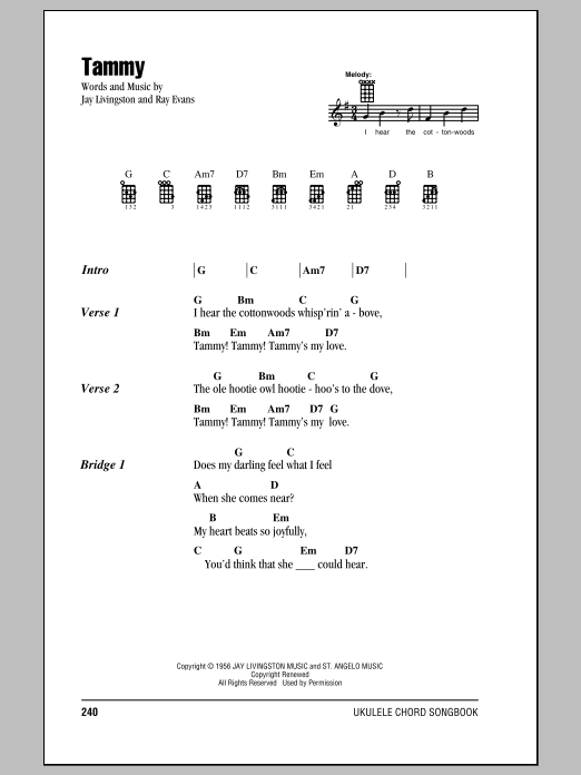The Ames Brothers Tammy sheet music notes and chords arranged for Ukulele Chords/Lyrics