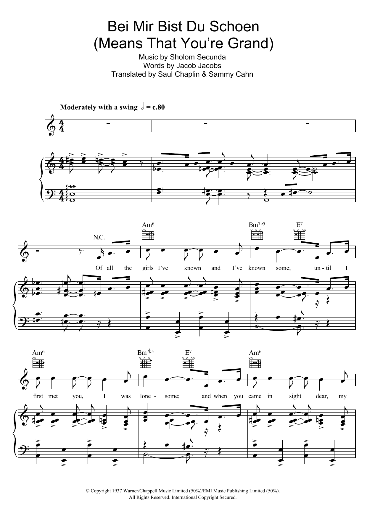 The Andrews Sisters Bei Mir Bist Du Schon (Means That You're Grand) sheet music notes and chords arranged for Piano, Vocal & Guitar Chords (Right-Hand Melody)