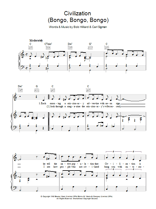 The Andrews Sisters Civilization (Bongo Bongo Bongo) sheet music notes and chords arranged for Piano, Vocal & Guitar Chords