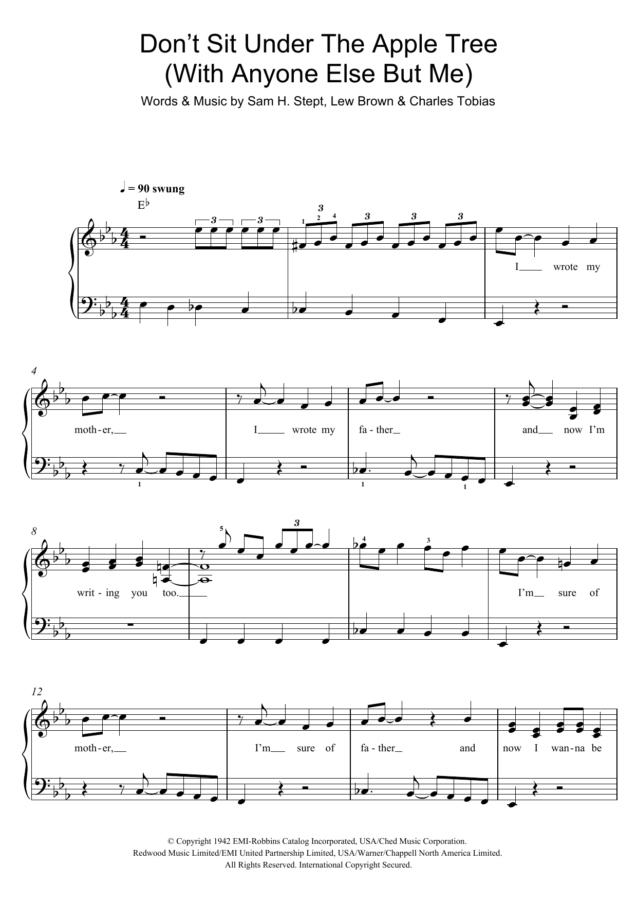 The Andrews Sisters Don't Sit Under The Apple Tree (With Anyone Else But Me) sheet music notes and chords arranged for Easy Piano