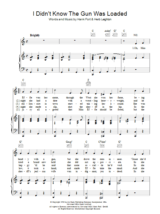 The Andrews Sisters I Didn't Know The Gun Was Loaded sheet music notes and chords arranged for Piano, Vocal & Guitar Chords
